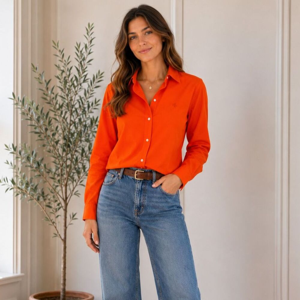 Preppy, Lauren Ralph Lauren Orange Stretch Button Down Shirt M